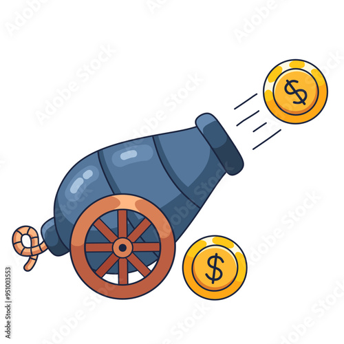 cannon shooting money coins cartoon illustration.vector business isolated on white background