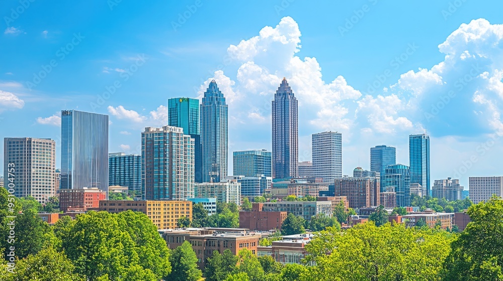 Fototapeta premium Downtown Atlanta Skyline showing several prominent buildings and hotels under a blue sky