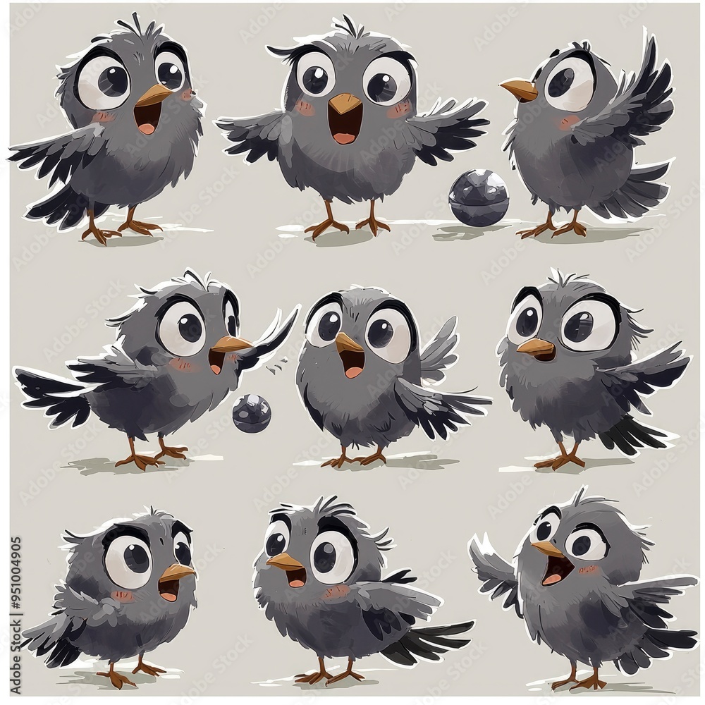 Fototapeta premium Cute Cartoon Birds with Big Eyes