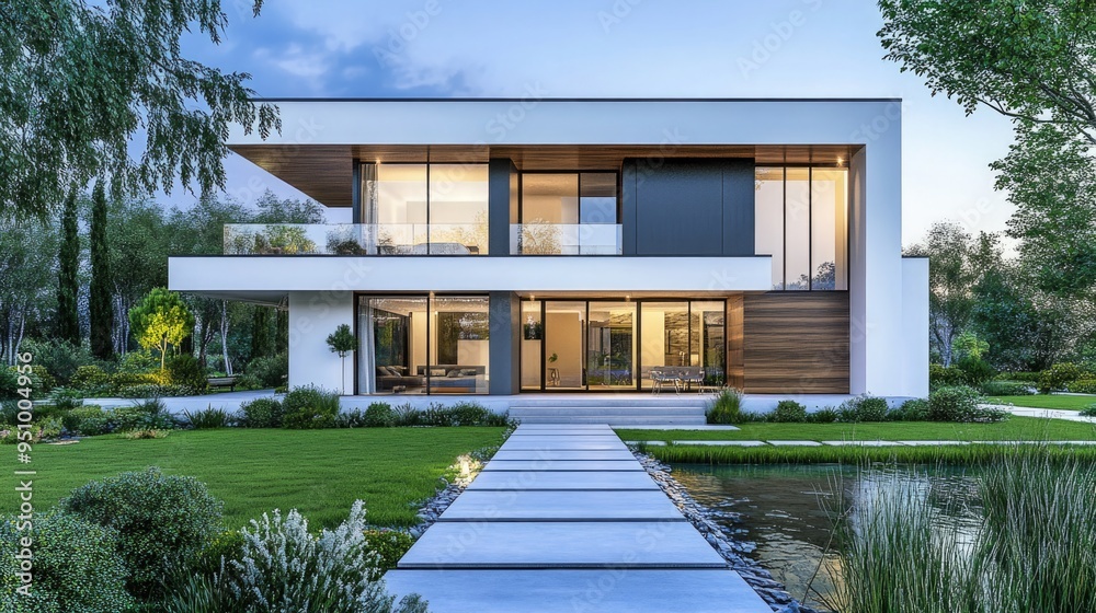 3d rendering of modern house by the river at evening 3d rendering of modern house by the river at evening