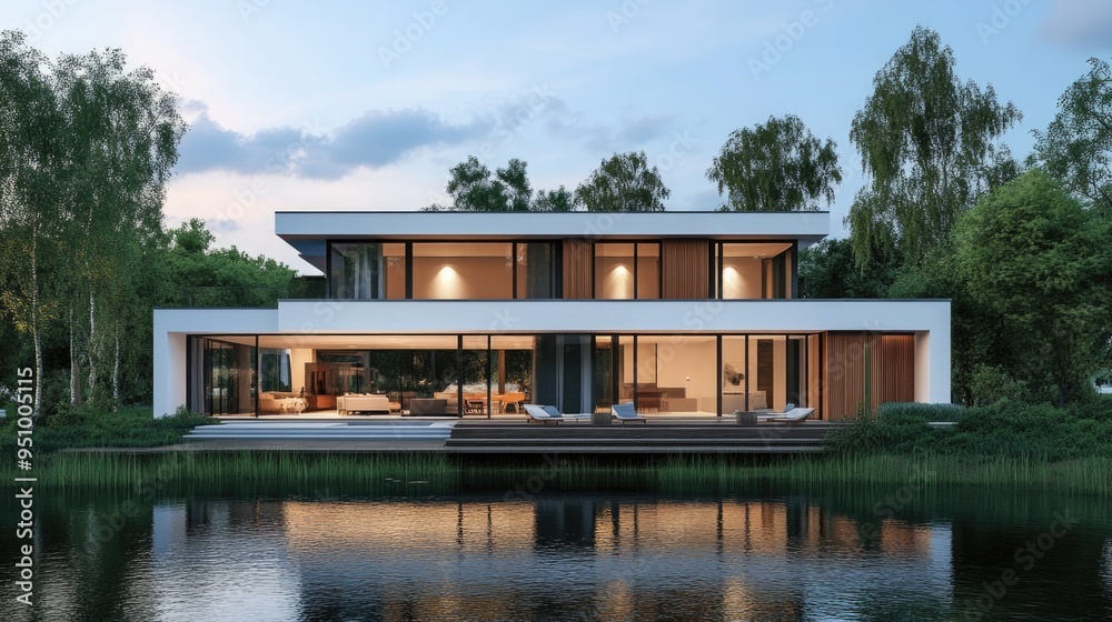 3d rendering of modern house by the river at evening 3d rendering of modern house by the river at evening