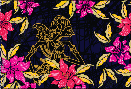 Indonesian batik motifs by displaying a very distinctive wayang kulit silhouette figure photo