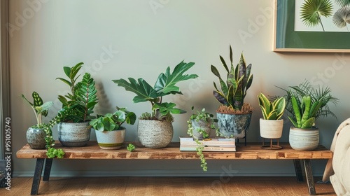 Urban Jungle Vibe: Wooden Console with Hipster Plants, Books, and Elegant Decor