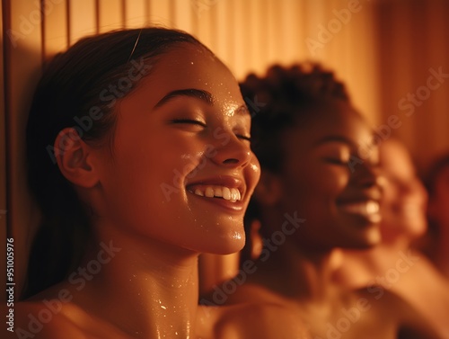 Relaxing moments in a sauna with friends enjoying warmth and tranquility at a wellness retreat. Close up of happy smiling sweating faces.