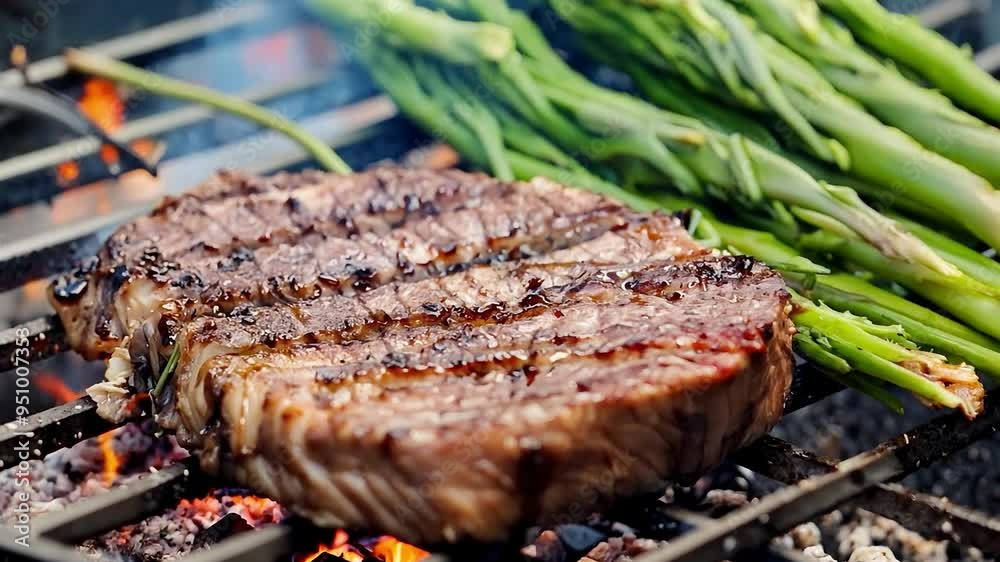 Delicious beef steak grilling with green onions Delicious beef steak grilling with green onions