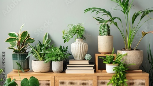 Hipster Chic: Wooden Console with Stylish Plants, Books, and Unique Decor Elements