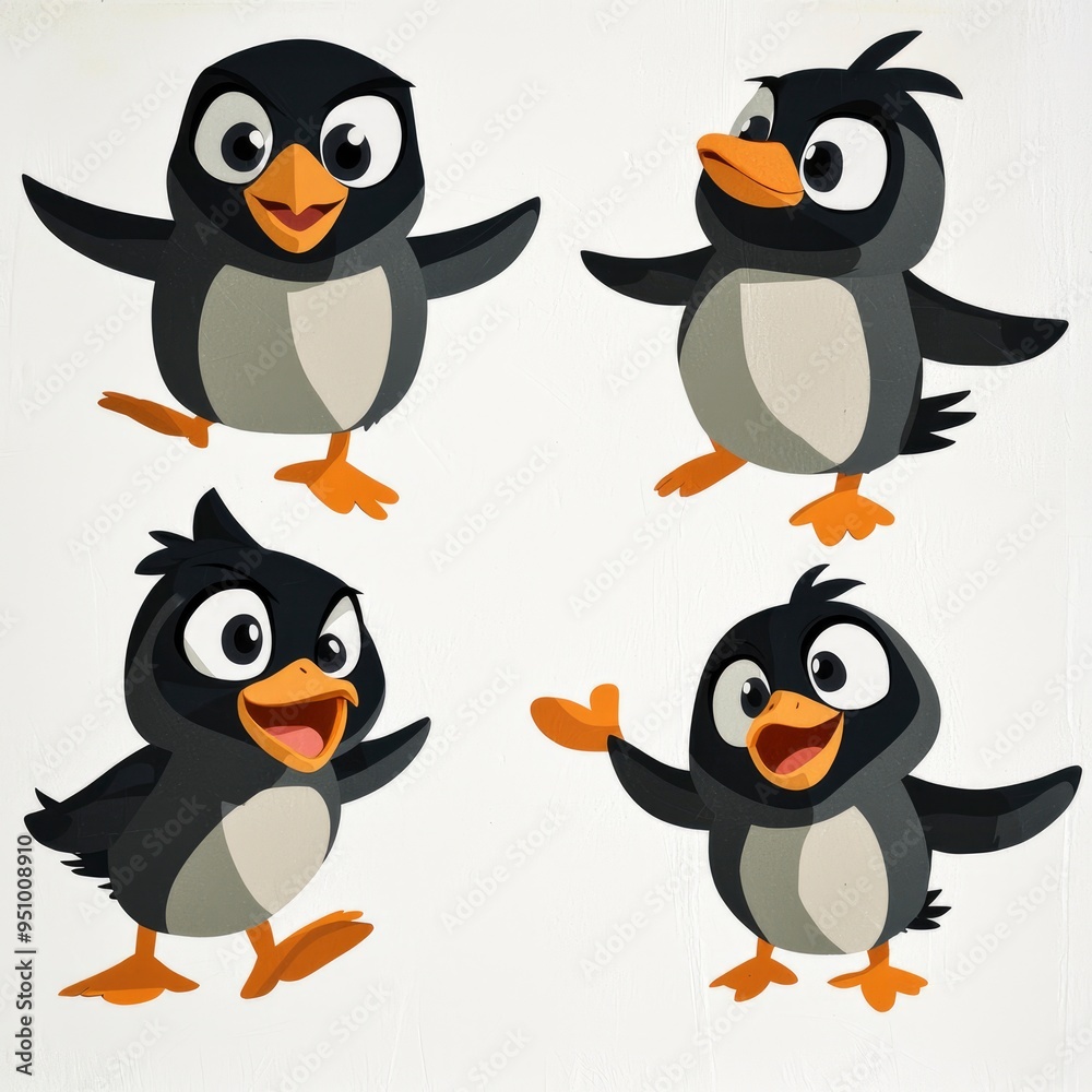 Fototapeta premium Four Cartoon Penguins with Happy Expressions