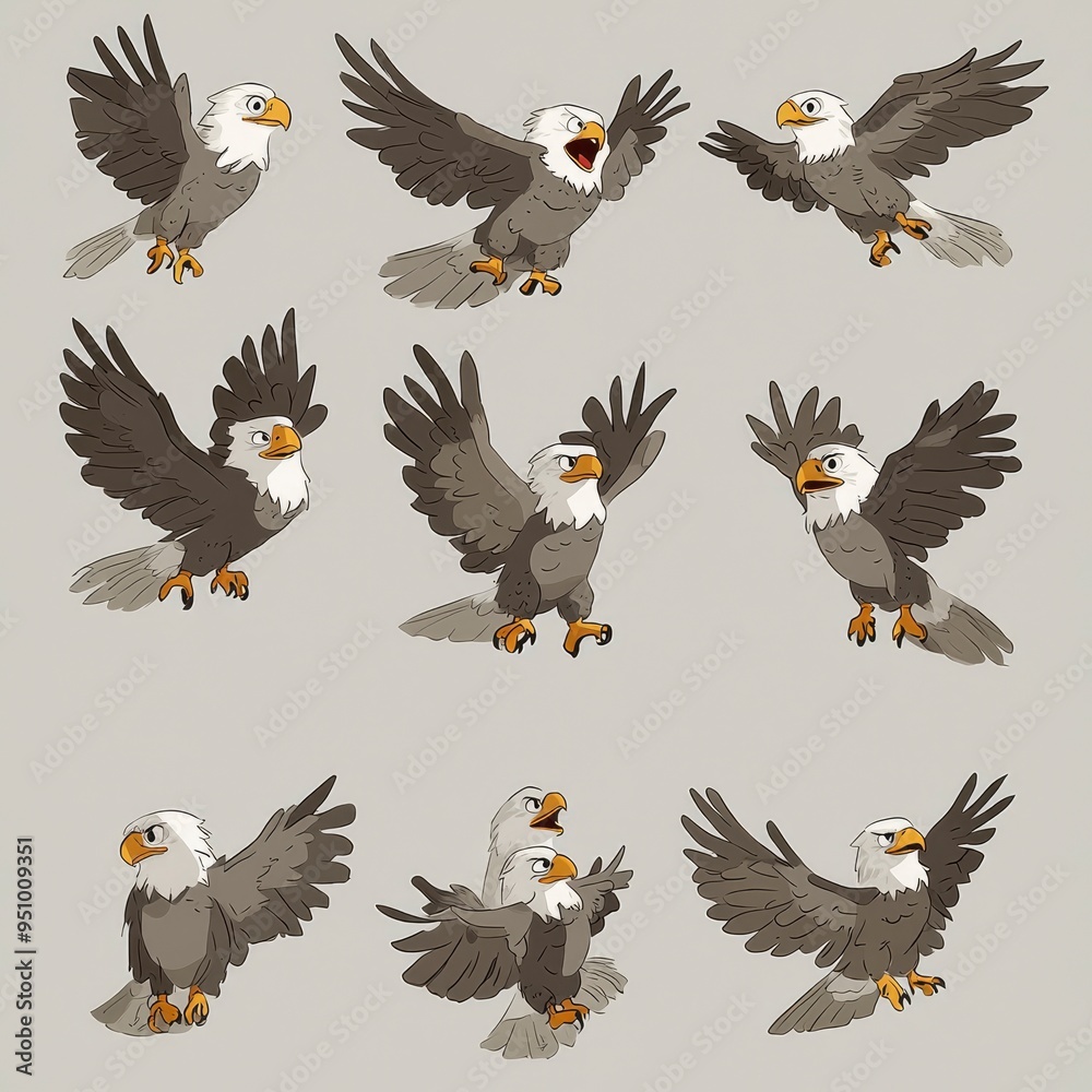 Obraz premium Cartoon Bald Eagle Poses - Cute Bird Illustration