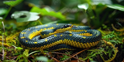 Adorable Short snouted Grass Snake Psammophis brevirostris Coiled on the Forest Floor photo