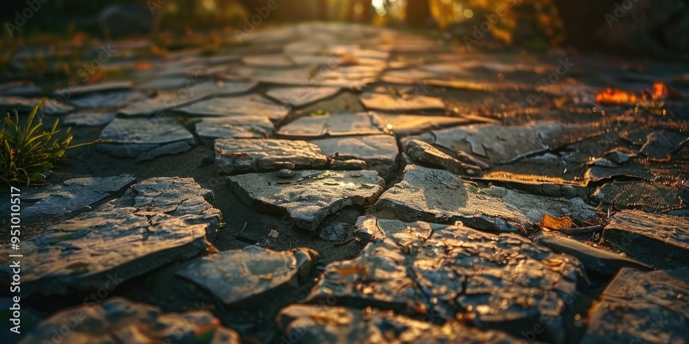 Cracked and broken paving stones on a pathway Cracked and broken paving stones on a pathway