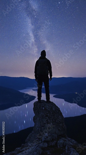 Lone Figure Under Milky Way: A solitary figure stands silhouetted against a breathtaking night sky, the Milky Way stretching across the horizon. The individual is positioned on a rocky peak overlookin photo