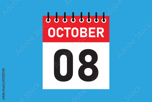 08 October . 8th October  professional modern exclusive daily calendar design. Meeting schedule flat icon icon design. White and red color paper. White, black color text. Vector illustration eps 10.