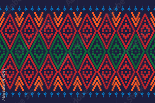 Seamless pattern of Thai weaving, square Vector illustration. Ethnic pixel embroidery designs for carpets, curtains, pillows, bags, clothing, geometric patterns.