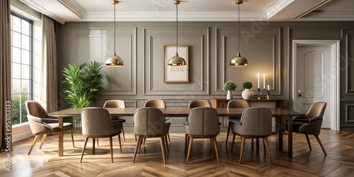 Elegant dining room interior featuring a communal table and empty wall for copy space