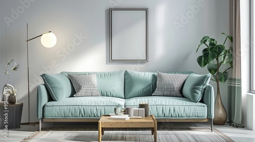 Minimalist Elegance: Modern Mint Sofa, Wooden Console, Cube Accent, and Stylish Accessories