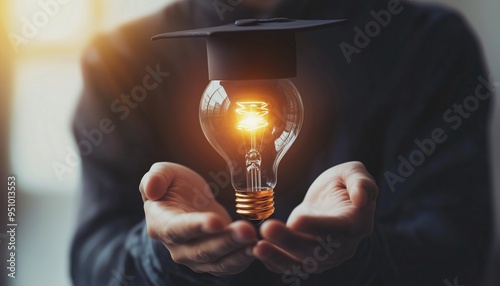 E-Learning Graduate Certificate Program: Man Hands Holding Graduation Hat In Light Bulb Symbolizing Internet Education, Study Knowledge, Creative Thinking, And Problem-Solving Solution.
