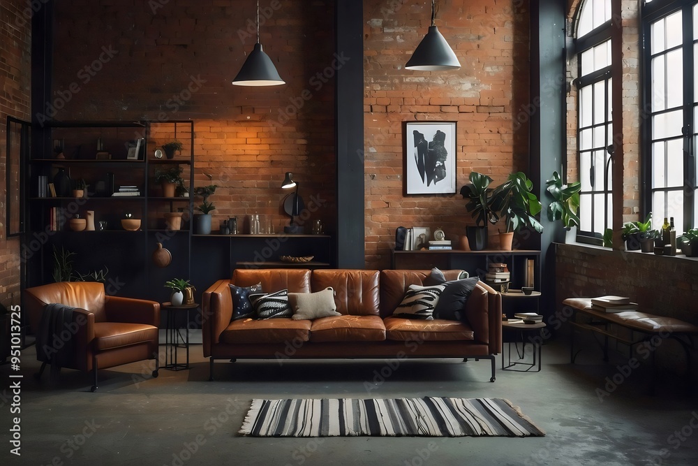 Modern living room, home interior design with comfortable brown sofa and plants, brick walls, cozy carpet, wall art framed. Modern living room, home interior design with comfortable brown sofa and plants, brick walls, cozy carpet, wall art framed.