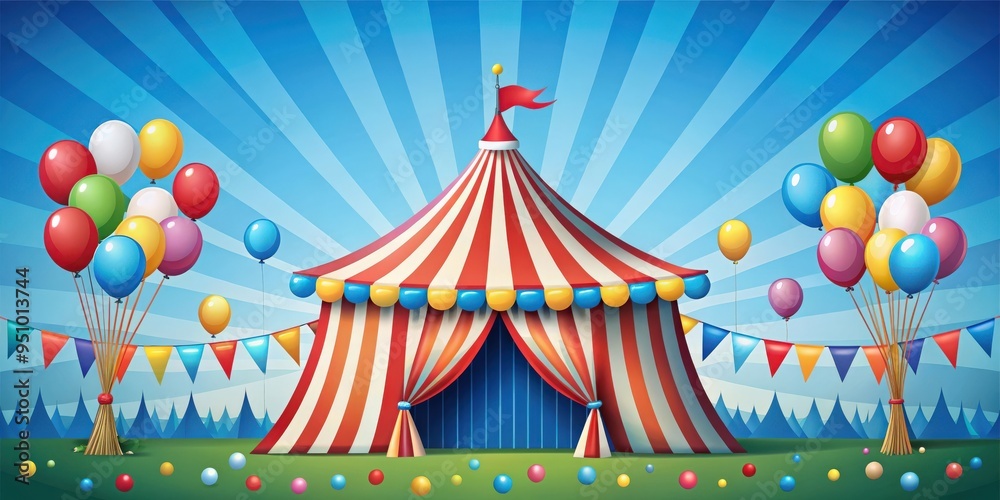 Colorful carnival template with circus tent buntings and balloons on blue background Colorful carnival template with circus tent buntings and balloons on blue background