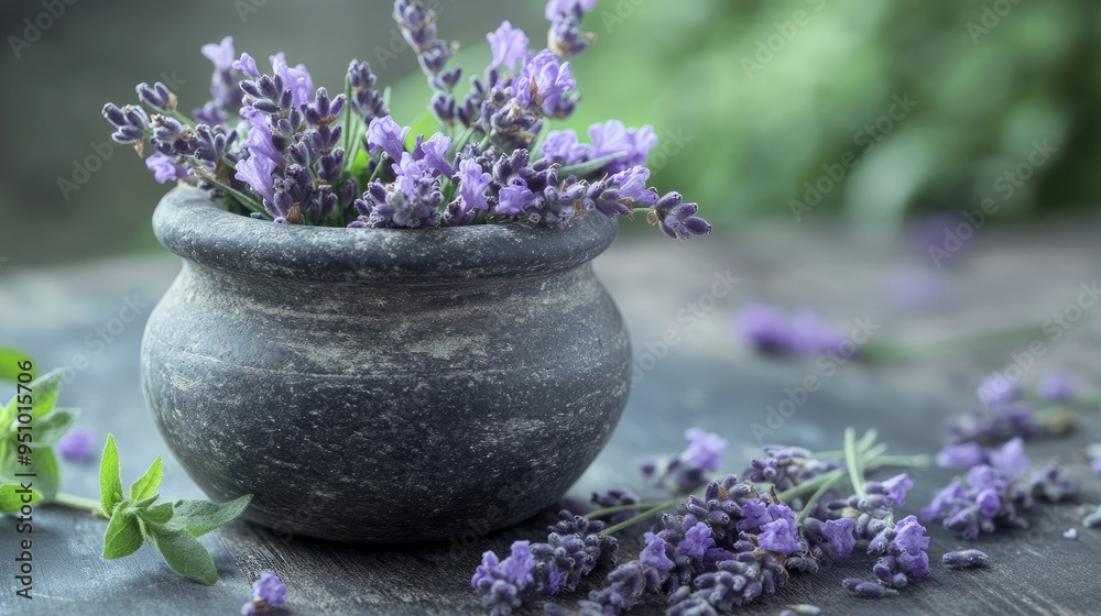 Lavender flowers in a stone pot. Perfect for a spa, relaxation, or aromatherapy themed project. Lavender flowers in a stone pot. Perfect for a spa, relaxation, or aromatherapy themed project.