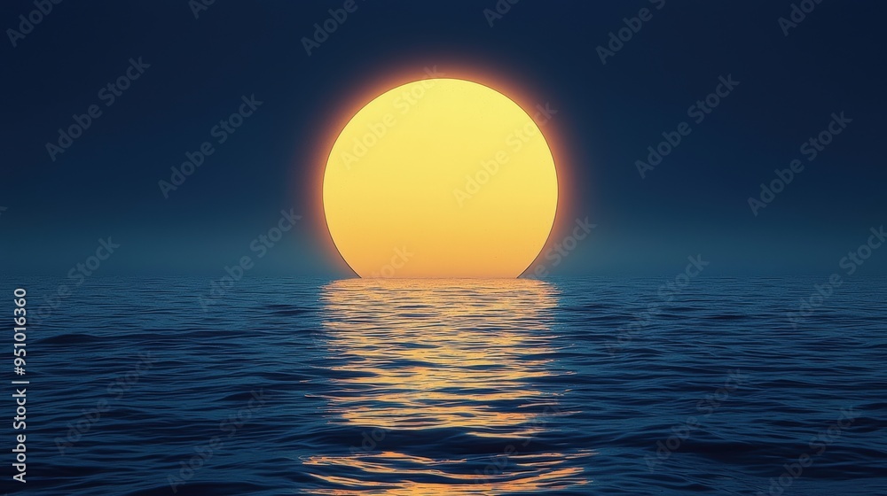 A large sun sets over the ocean. A large sun sets over the ocean.