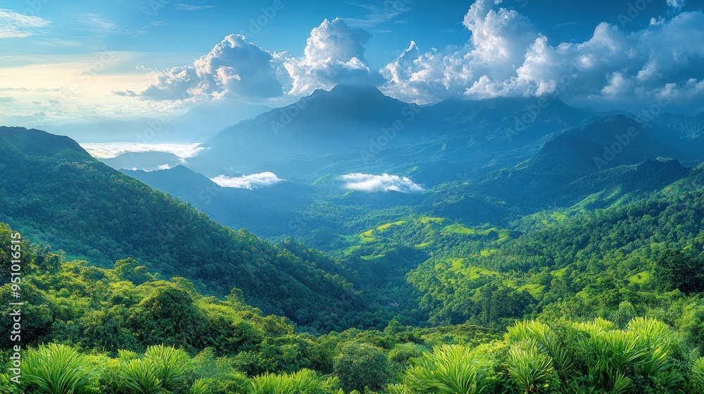 Obraz premium Mountainous Landscape with Lush Greenery and Clouds