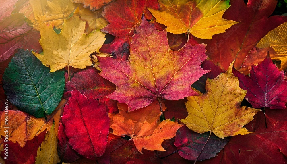 Fototapeta premium A rich autumn leaf background features layers of deep reds, burnt oranges, golden yellows, and browns, with dappled sunlight and natural textures.