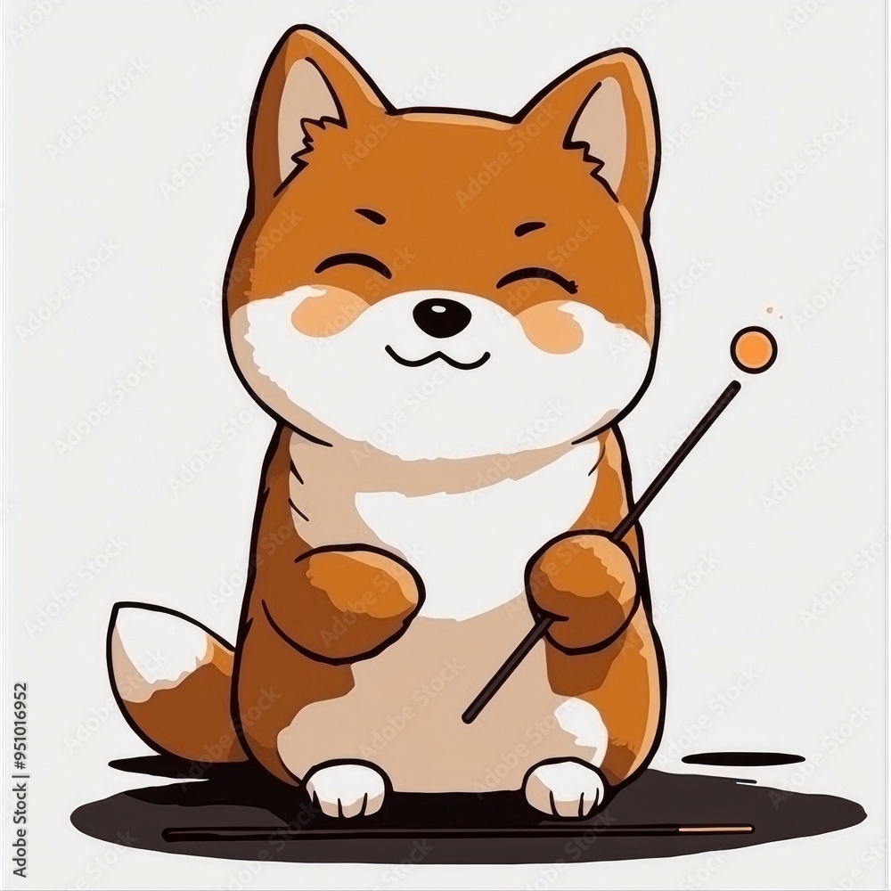Cute Shiba Inu Dog Cartoon Character Holding a Stick