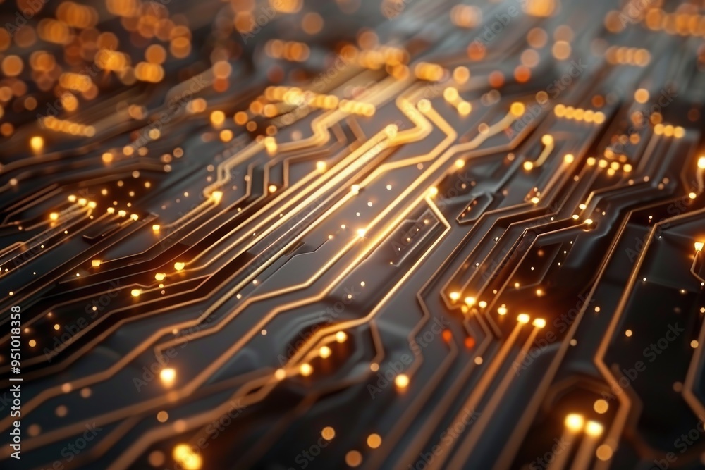 Close-up image of a computer circuit board with various electronic components and wires Close-up image of a computer circuit board with various electronic components and wires