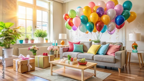 Housewarming celebration with colorful balloons and gifts in a beautifully decorated living room, featuring a festive and joyful atmosphere with copy space available