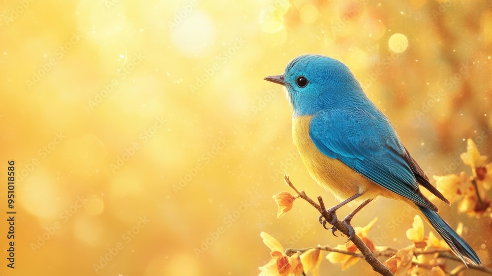Fototapeta premium Vibrant blue and yellow bird perched on branch with glittering golden background
