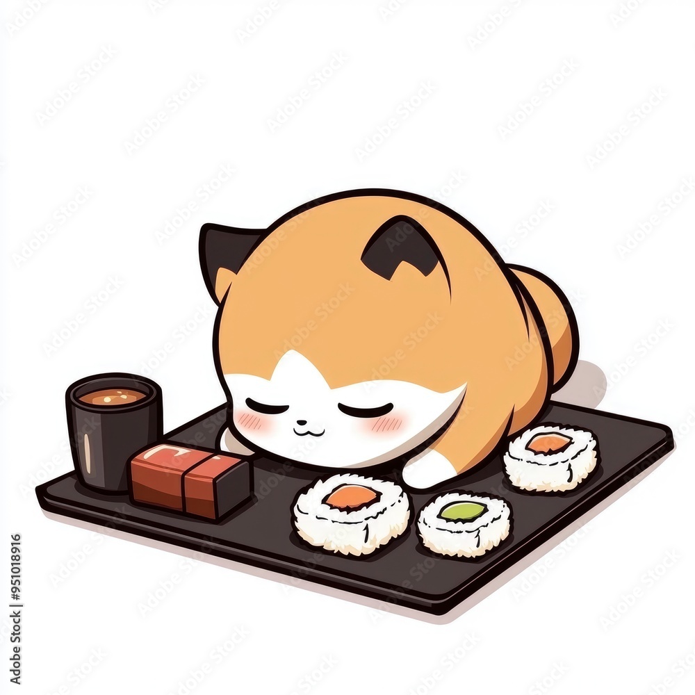 Cute Cartoon Cat Sleeping On Sushi Cute Cartoon Cat Sleeping On Sushi
