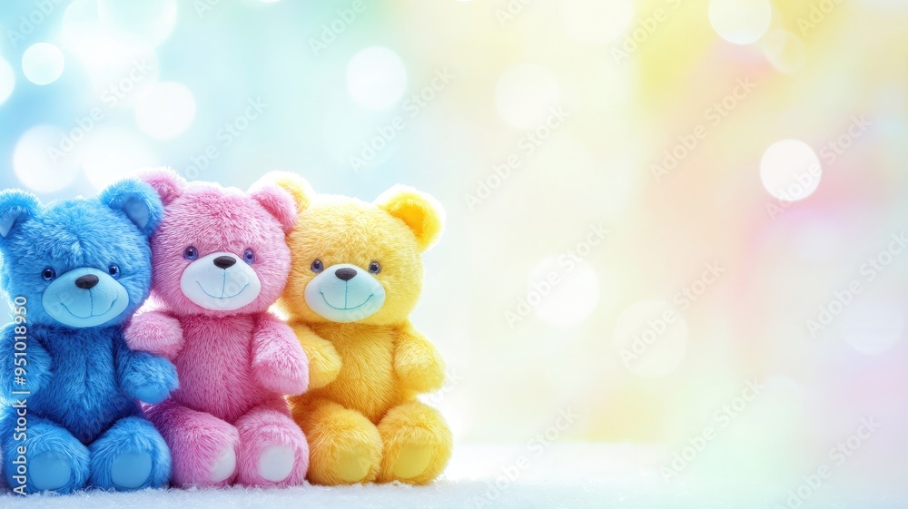 Fototapeta premium Three colorful bears on bokeh background