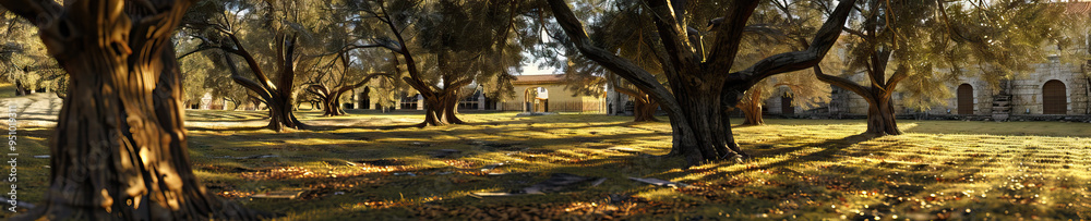 Sacred Shadows: Ancient olive trees sway gently outside a rural European abbey, their long shadows stretching across the grounds. Sacred Shadows: Ancient olive trees sway gently outside a rural European abbey, their long shadows stretching across the grounds.