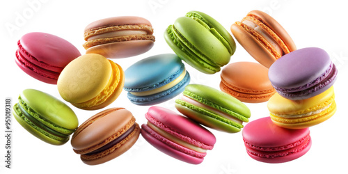 Wallpaper Mural Various colorful of macarons floating on the air isolated on clean png background, Desserts sweet cake concept Torontodigital.ca