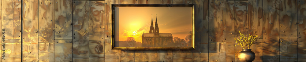 Naklejka premium Golden Nostalgia: A vintage photograph of a European cathedral at sunset hangs on a faded wood-paneled wall, its gold-leaf details glimmering in the dim light.