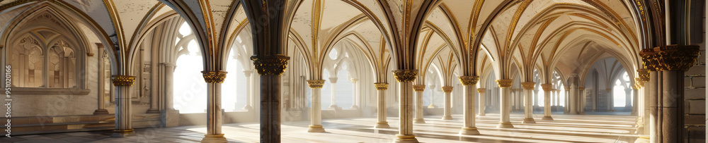 Fototapeta premium Enchanting Arches: The delicate archways of a medieval European cathedral are accentuated with intricate gilded trim, drawing the eye upwards in awe and wonder.