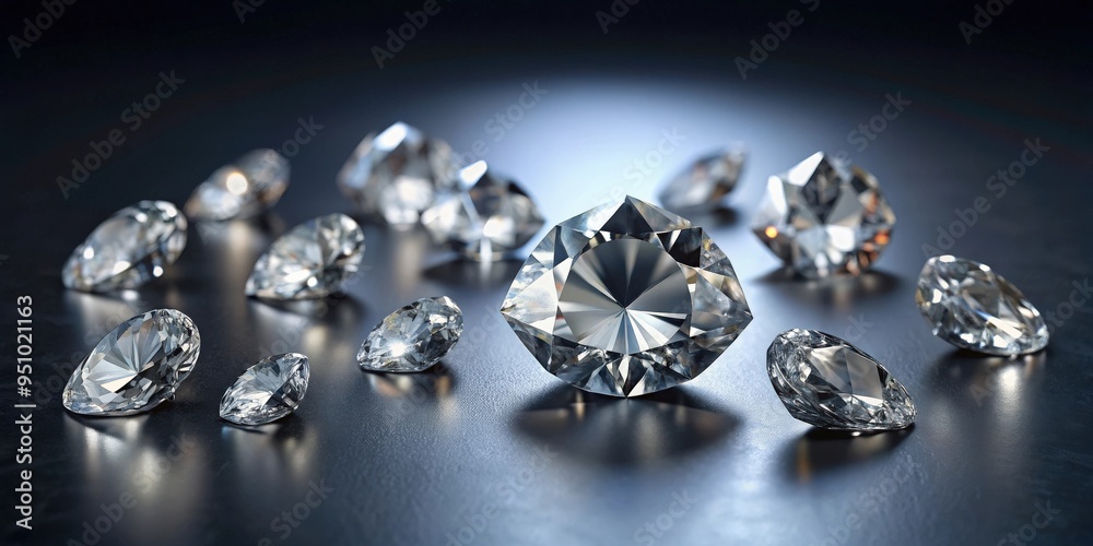 rendering of various sizes of diamonds arranged on a dark gray surface rendering of various sizes of diamonds arranged on a dark gray surface