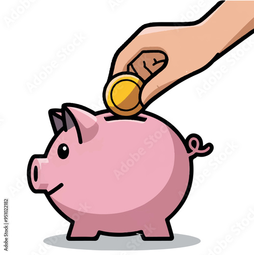 A pink piggy bank with a big smile, receiving a golden coin from a hand, symbolizing the act of saving money