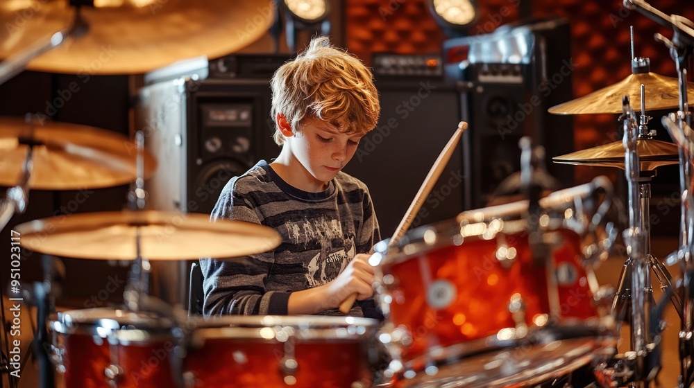 Naklejka premium Young Drummer Concentrating on his Music