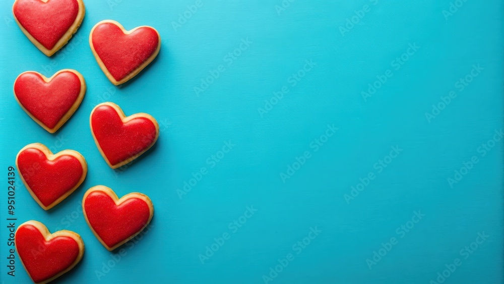 Fototapeta premium Top view of red heart-shaped cookies on blue background with copy space