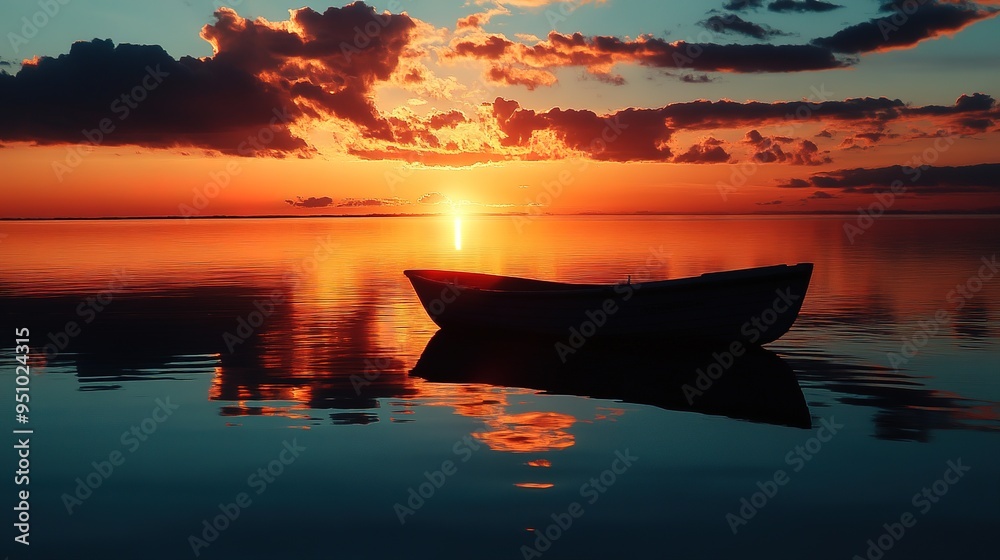 Silhouette of a boat with sunset reflecting on calm waters Silhouette of a boat with sunset reflecting on calm waters
