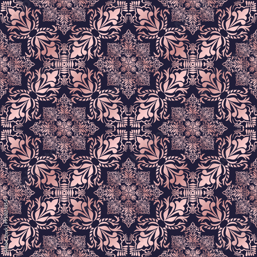 Classic Damask rose gold seamless pattern, Wallpaper in the style of Baroque, Vintage background, Luxury floral Graphic pattern for fabric, curtain, packaging, Vector Illustration for Textile Design