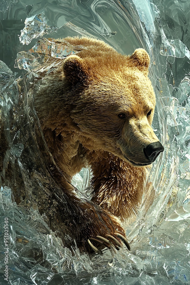 Fototapeta premium Powerful grizzly bear emerging from icy water.