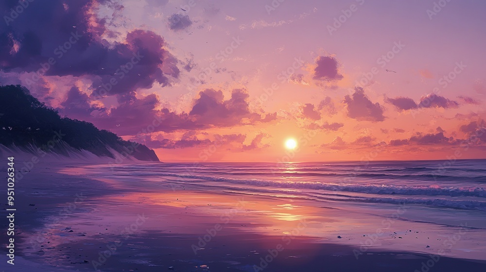 Peaceful sunset with a lone palm tree on the beach -