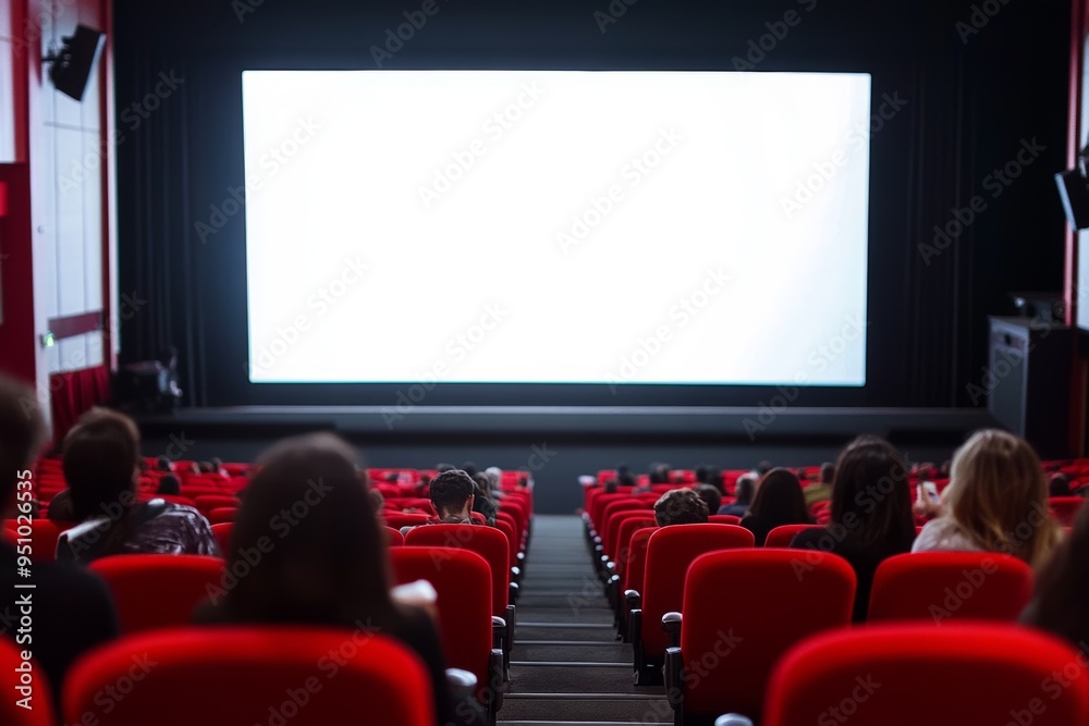 People seated in red chairs watching a blank screen during a movie performance in a cinema hall