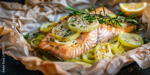 Salmon fillet cooked en papillote in the oven garnished with sliced leeks and herbs photo