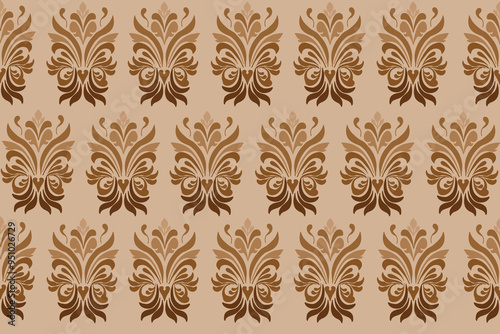 Ikat seamless fabric geometric pattern, European native damask ikat pattern, brown flowers, light brown background, illustration, vector, wallpaperseamless pattern
