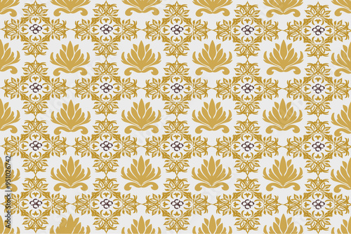 Ikat seamless fabric geometric pattern, European native damask ikat pattern, gold colored flowers, 1 tone background, illustration, vector, wallpaper