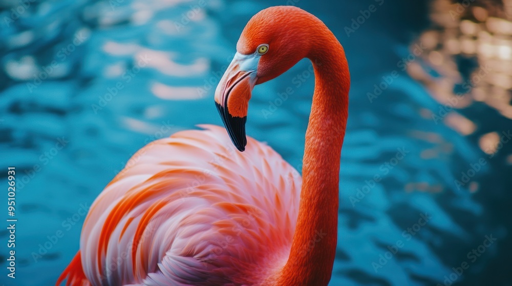 Fototapeta premium Pink Flamingo Closeup Against Blue Water