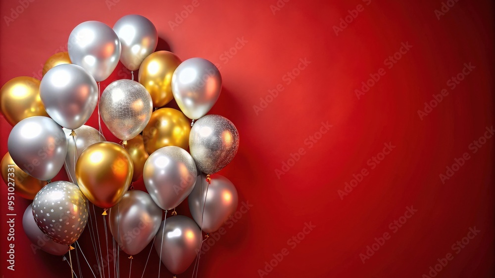 Silver and gold balloons against red wall background for festive celebration